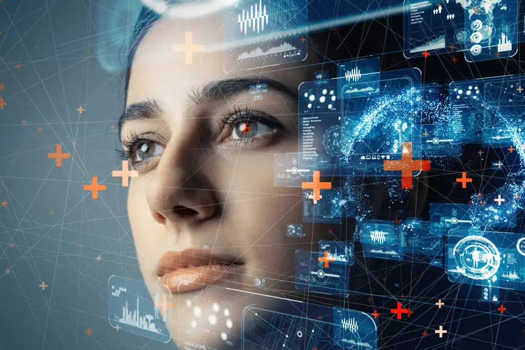 A woman's face looking out thoughtfully into a a web of translucent computer screens, plus signs, and a web of lines connecting the digital material